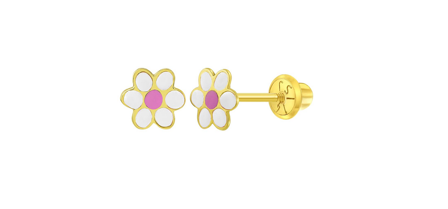 Baby Earrings:  14k Gold Enamel Daisy Flower Earrings with Screw Backs and Gift Box
