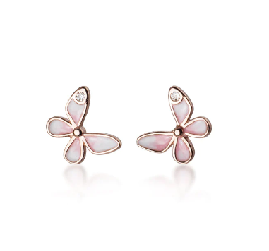 Baby and Children's Earrings:  Sterling Silver Pink and White Enamelled Butterflies