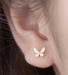 Baby and Children's Earrings:  Sterling Silver Pink and White Enamelled Butterflies