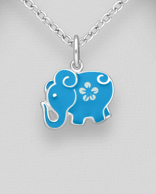 Children's Necklaces:  Sterling Silver, Blue Enamel Elephant With Flower Necklaces