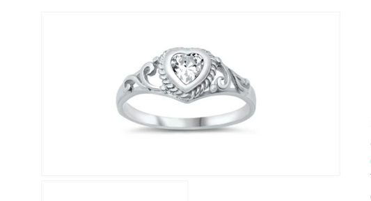 Children's Rings:  Sterling Silver Clear CZ Heart Ring Size 3