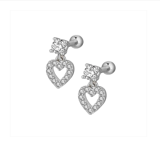 Children's Earrings:  Surgical Steel, CZ Studs with CZ Encrusted Open Hearts with Screw Backs