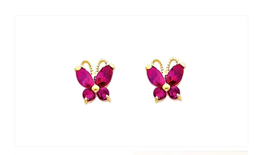 Children's Earrings:  14k Gold Ruby CZ Butterfly Screw Back Earrings with Gift Box