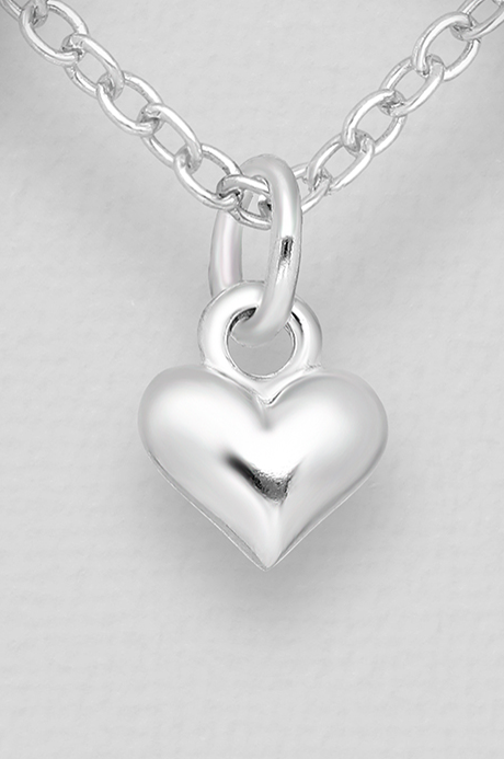 Children's Necklaces:  Sterling Silver Puffed Heart on 15" Chains Age 3 - 10