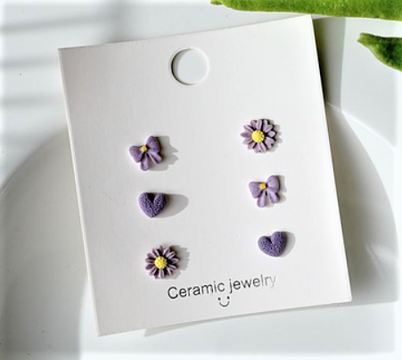 Children's Earrings:  Ceramic/Surgical Steel Set of 3 Pairs - Lavender Flowers, Hearts and Bows