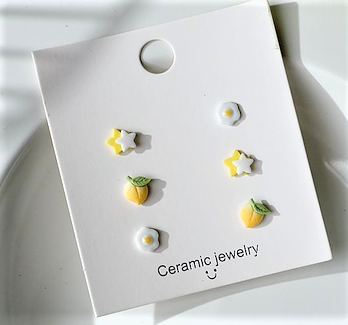 Children's Earrings:  Ceramic/Surgical Steel Set of 3 Pairs - Yellow Stars, Peaches and Fried Eggs