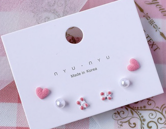 Children's Earrings:  Ceramic/Surgical Steel Set of 3 Pairs - Pink Hearts, Butterflies and Pearls