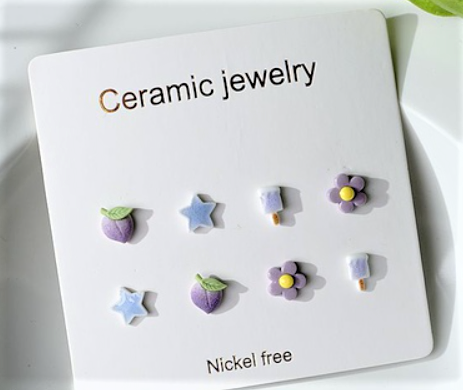 Children's Earrings:  Ceramic/Surgical Steel Set of 4 Pairs - Lavender Flowers, Peaches, Blue Stars and Iceblocks
