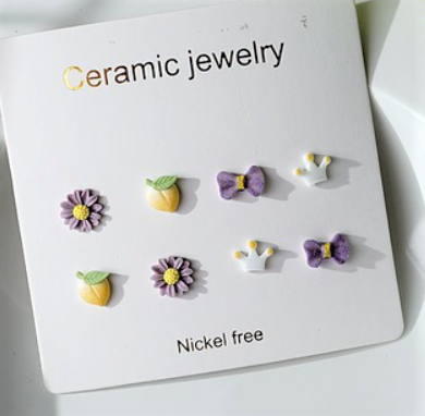 Children's Earrings:  Ceramic/Surgical Steel Set of 4 Pairs - Lavender and Yellow Flowers, Peaches, Bows and Crowns