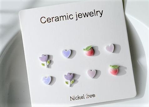 Children's Earrings:  Ceramic/Surgical Steel Set of 4 Pairs - Pink, Blue, Lavender and White Flowers, Hearts and Peaches