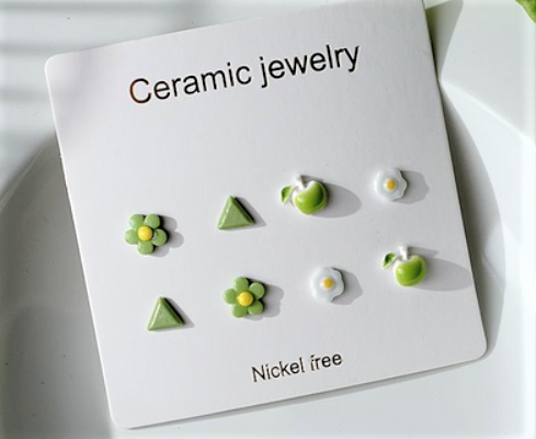 Children's Earrings:  Ceramic/Surgical Steel Set of 4 Pairs - Green Flowers, Triangles, Apples and Eggs