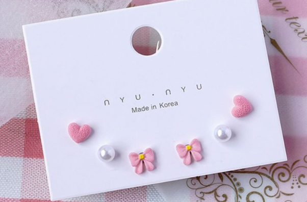 Children's Earrings:  Ceramic/Surgical Steel Set of 3 Pairs - Pink Hearts, Butterflies and Pearls