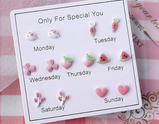 Children's Earrings:  Ceramic/Surgical Steel Set of 7 Pairs - Pink Bunnies, Carrots, Clovers, Peaches, Watermelons, Leaves and Hearts