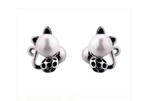 Children's Earrings:  Surgical Steel Pearl Kitty Cat Earrings with Ball Screw Backs