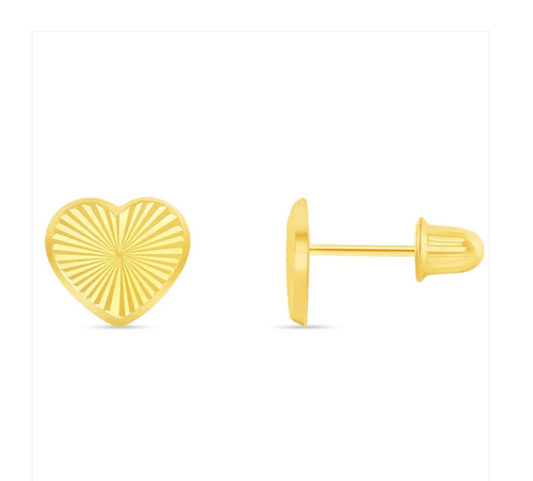 Children's, Teens' and Adults' Earrings:  14k Gold Sunray Hearts with Screw Backs and Gift Box