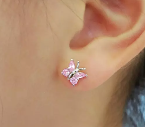 Children's Earrings:  Sterling Silver Pink CZ Butterfly Screw Back Earrings