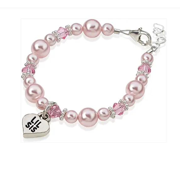 Children's Bracelets:  Sterling Silver, Swarovski Pink Pearl and Crystal Lil Sis Heart Charm Medium Size Age 2.5 - 6