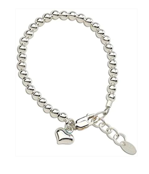 Children's Bracelets:  Sterling Silver Ball Bracelet with Puffed Heart Charm - Medium