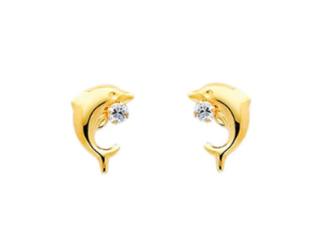 Children's earrings featuring 14k solid gold dolphin studs with sparkling CZ stones.