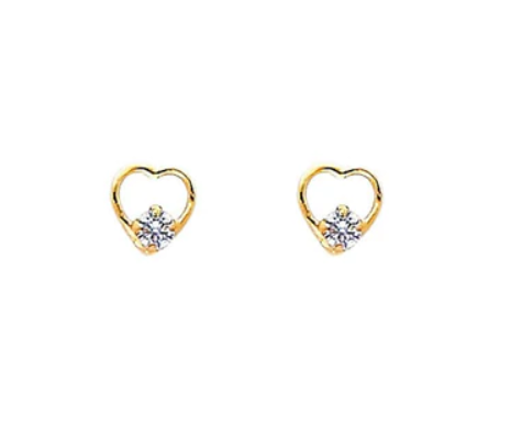 Baby Earrings:  14k Gold Open Heart with CZ Screw Back Earrings with Gift Box