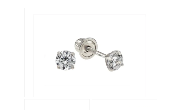 Baby Earrings:  14k White Gold Clear, 4 Prong 3mm AAA Solitaire CZ Screw Backs with Gift Box