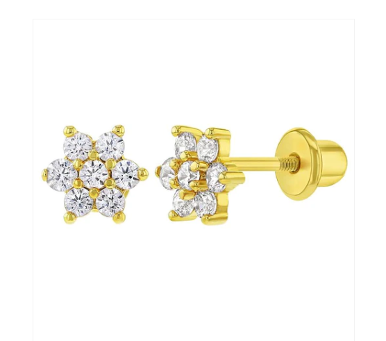 Children's Earrings:  14k Gold AAA Clear CZ Flower Earrings with Screw Backs