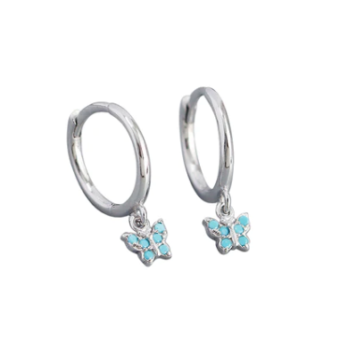 Baby and Children's Earrings:  14k Gold over Sterling Silver Hoops with Blue CZ Butterflies