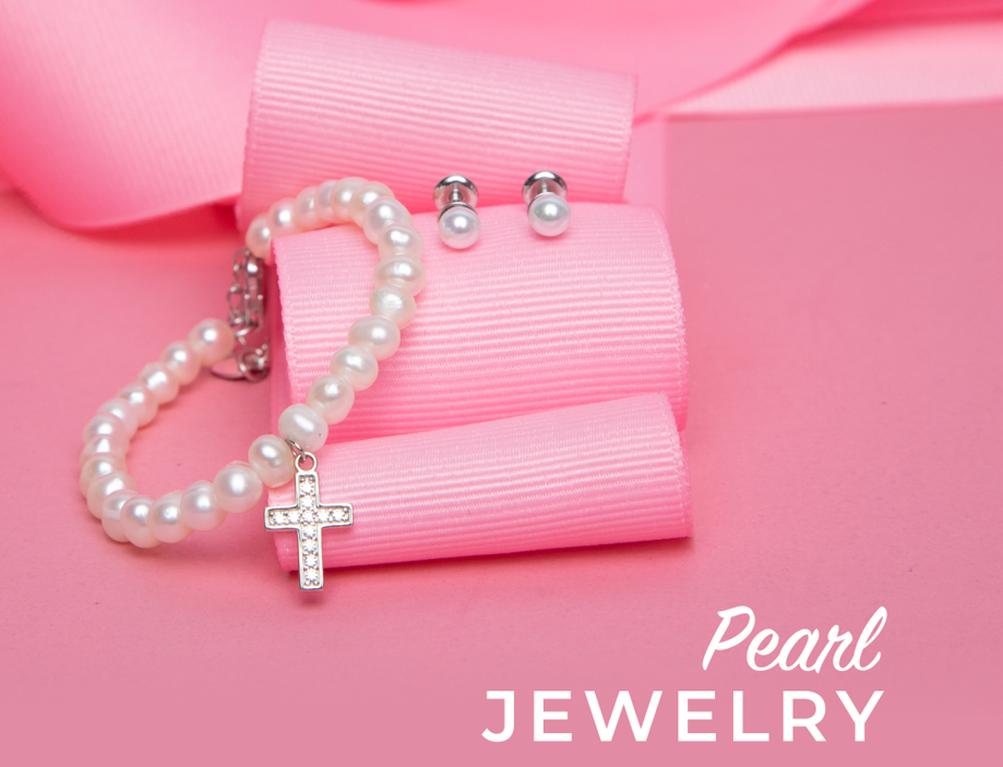 Baby Bracelet/Earrings Sets:  Sterling Silver White Simulated Pearl Christening Sets with Cross and Gift Box