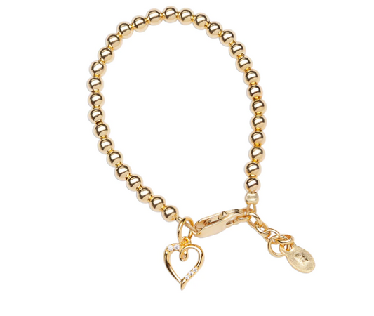 Children's Bracelets:  14k Gold Over Sterling Silver Ball Bracelets with CZ Heart Charm Age 1 - 5 with Gift Box