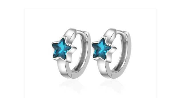 Children's Earrings:  Sterling Silver Deep Blue CZ Star Huggies