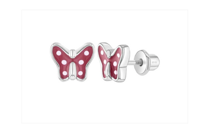 Baby and Children's Earrings:  Sterling Silver Red/White Dotty Butterfly Earrings with Screw Backs