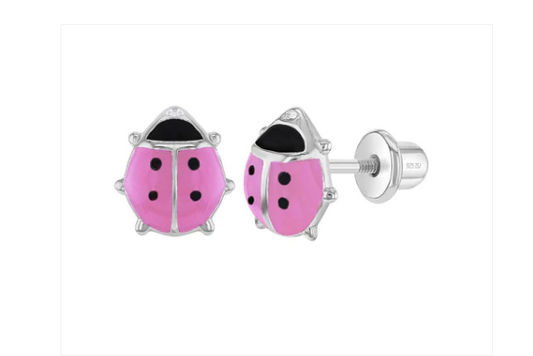 Children's Earrings:  Sterling Silver Pink Enamelled Ladybugs with Screw Backs