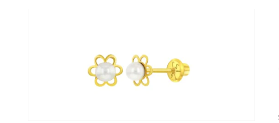 Baby and Children's Earrings:  14k Gold, White Cultured Pearl Flower Screw Backs with Gift Box