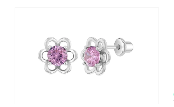 Children's Earrings:  Sterling Silver Open Flowers with Central Pink CZ with Screw Backs