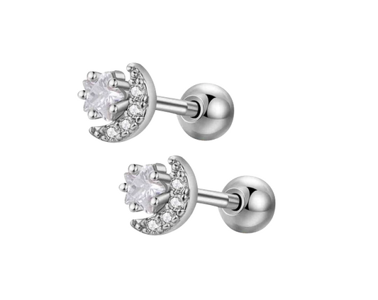 Children's Earrings:  Surgical Steel, Clear CZ, Moon and Stars Reversible Earrings with Screw Backs