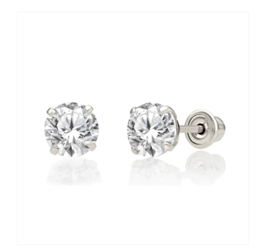 Children's Earrings:  14k White Gold Clear, 4 Prong 4mm AAA Solitaire CZ Screw Backs with Gift Box