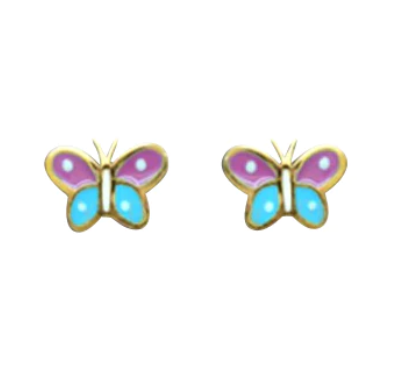 Baby and Children's Earrings:  9k Gold Lavender and Aqua Butterfly Screw Backs with Gift Box