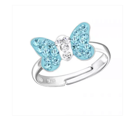 Children's Rings:  Sterling Silver Blue Crystal Butterfly Adjustable Rings