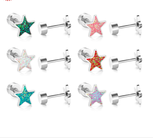 Children's Earrings:  Surgical Steel Glitter Stars with Screw Backs - Red