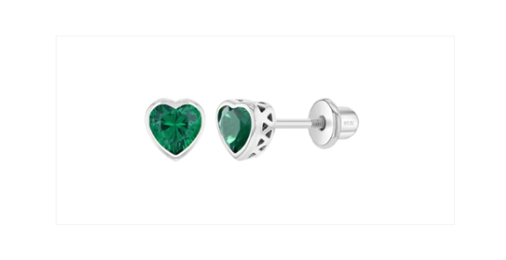 Baby and Children's Earrings:  Sterling Silver Bezel Set Emerald CZ Hearts with Screw Backs