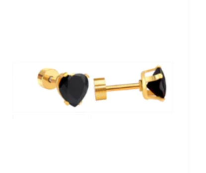 Children's, Teens' and Mothers' Earrings:  Surgical Steel, Gold IP, 6mm Heart CZ Earrings with Screw backs -Black