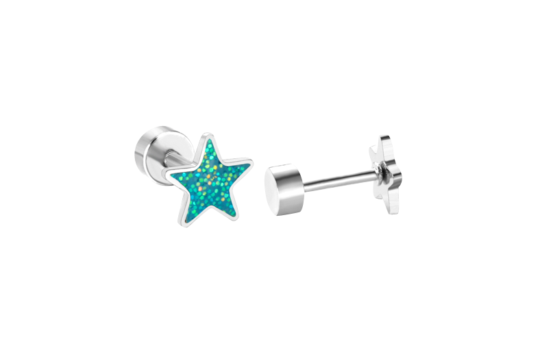 Children's Earrings:  Surgical Steel Glitter Stars with Screw Backs - Aqua