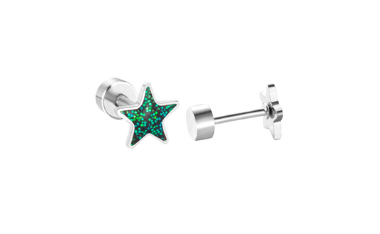 Baby and Children's Earrings:  Surgical Steel Glitter Stars with Screw Backs - Emerald