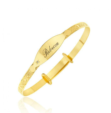 Baby Bangles:  9k Gold Hearts and Flowers, Diamond-Set Expanding ID Bangles with Gift Box  0-2 Years