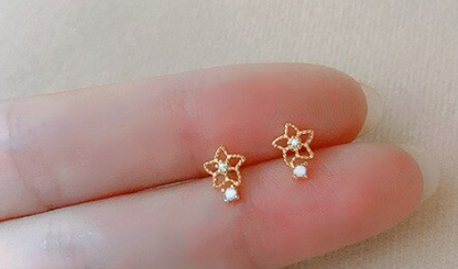 A hand holding a pair of gold-colored children's earrings with star flower designs and small white dew drops.
