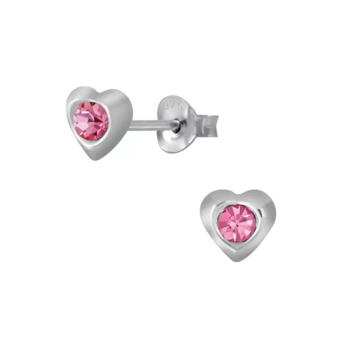 Baby Earrings:  Sterling Silver Heart with Pink CZ Baby Earrings 3mm