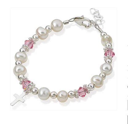 Sterling silver baby bracelet with cultured freshwater pearls, pink Swarovski crystals, and small cross, size S for 0-9 months.