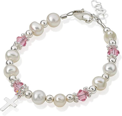 Sterling silver baby bracelet with cultured freshwater pearls, pink Swarovski crystals, and a tiny sterling silver cross.