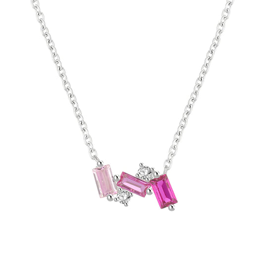 Sterling silver pink cz necklace featuring three shades of pink baguettes and clear CZ accents for a stylish look.