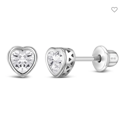 A pair of sterling silver heart-shaped earrings with clear cubic zirconia stones, designed for children and featuring screw back closures.
